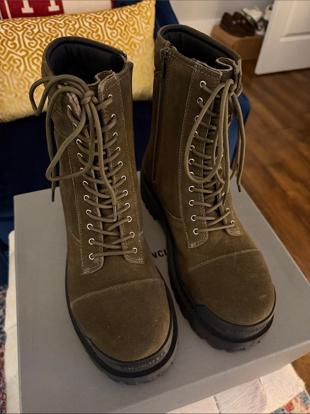 Men's Balenciaga Olive Lace-Up Suede Combat Boots